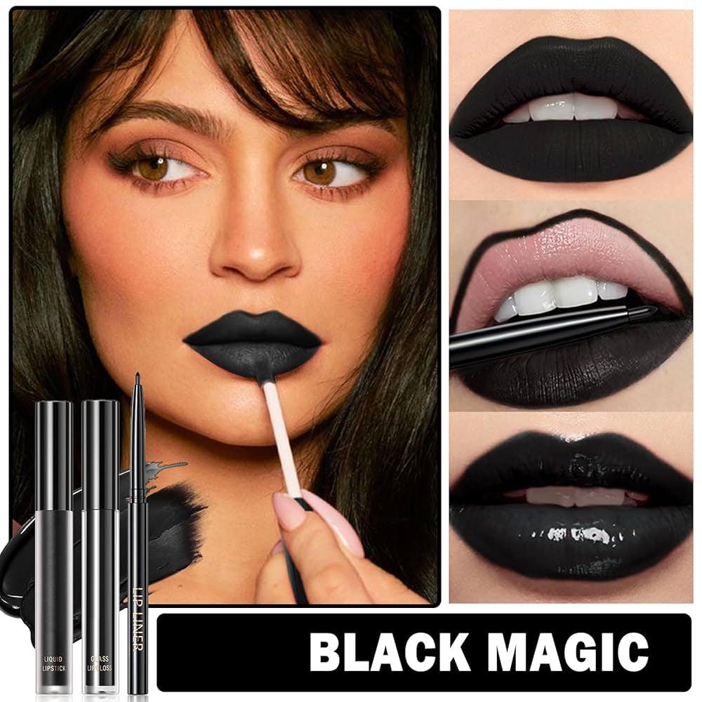 Matte Black Lipstick, Gloss & Liner Trio Set